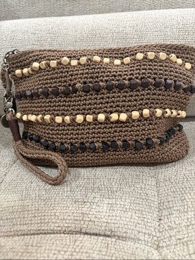 The Sak  Crochet Brown Wristlet Clutch with Beaded Detail